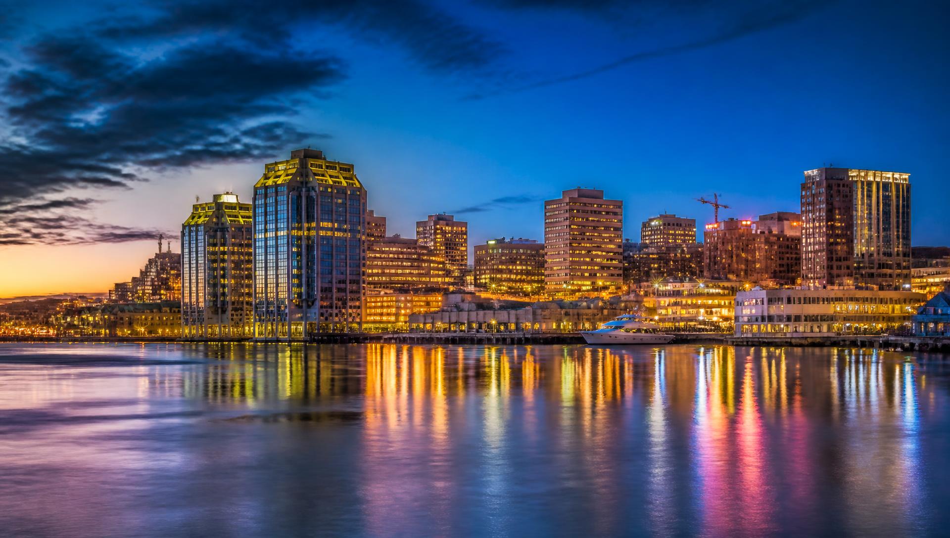 Halifax, Nova Scotia harbour skyline at dusk